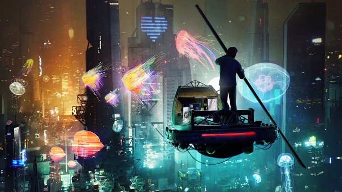 Sci Fi Futuristic City with Floating Jellyfish and Vehicle