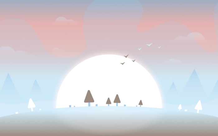 Minimalist sunrise landscape with trees and birds