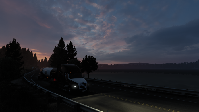 American Truck Simulator truck on a road at dusk