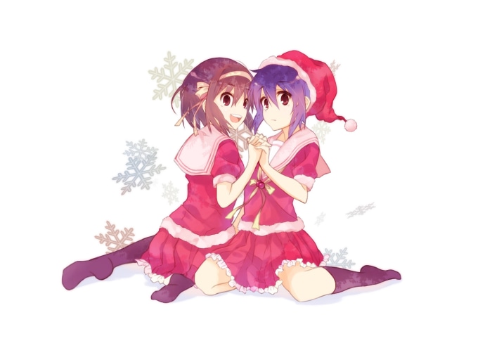 Haruhi Suzumiya and Yuki Nagato in Christmas Outfits