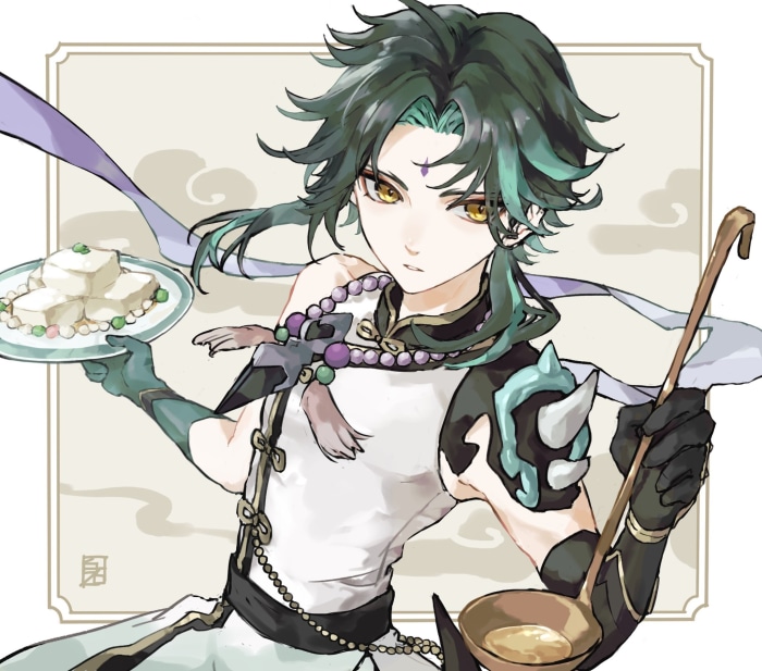 Xiao from Genshin Impact with food