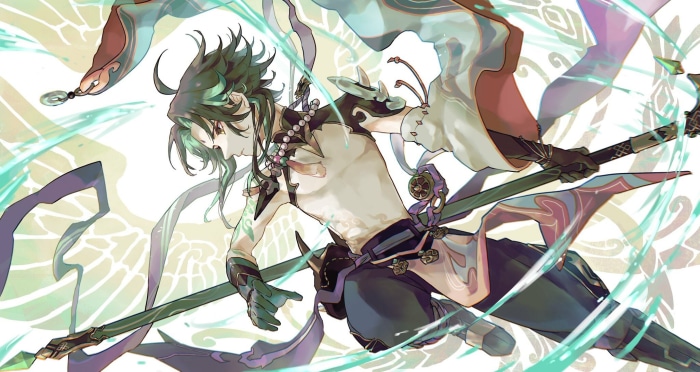 Xiao from Genshin Impact with a polearm