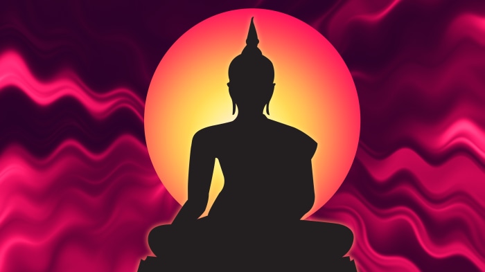 Buddha Silhouette with Pink Waves and Sun