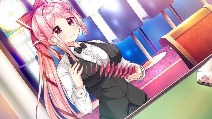 Girl with pink hair dealing cards