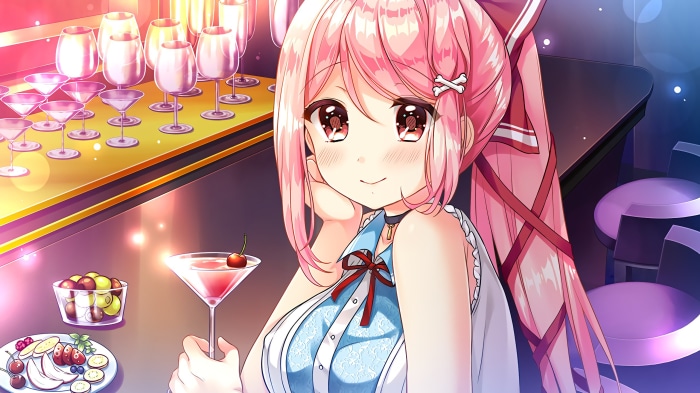 Anime girl with pink hair at a bar
