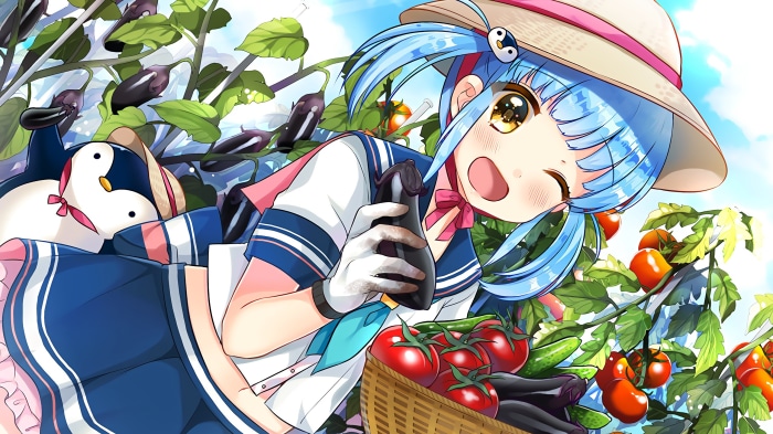 Girl in a garden with penguins and vegetables