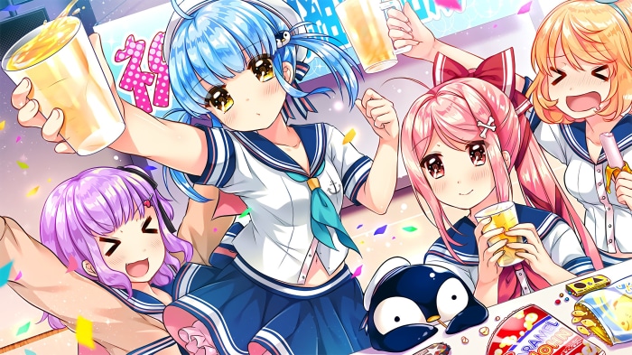 Anime girls celebrating with drinks and snacks
