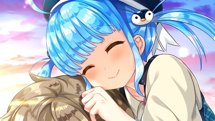 Girl with blue hair and penguin accessory hugging someone