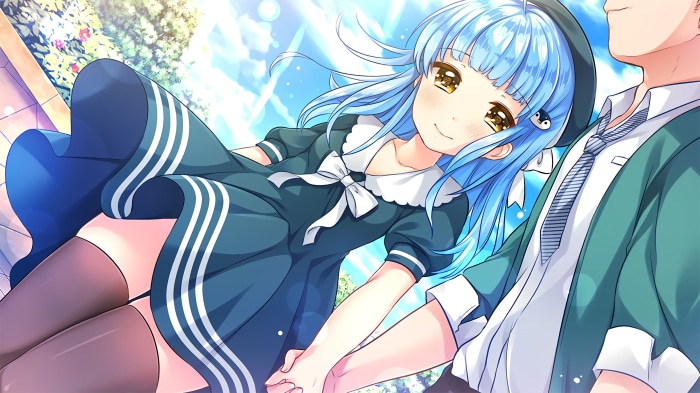 Anime girl with blue hair holding hands with a man