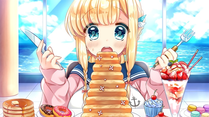 Girl eating a giant stack of pancakes by the sea