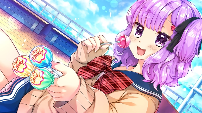 Girl with purple hair holding lollipops