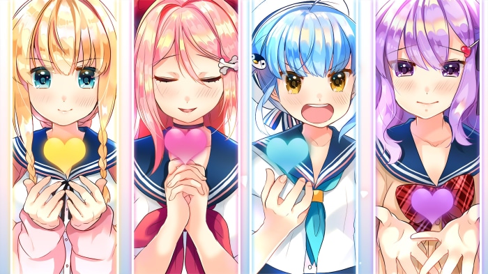 Four anime girls holding glowing hearts
