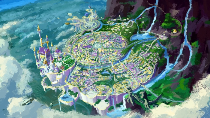 Floating city with castle and waterfalls