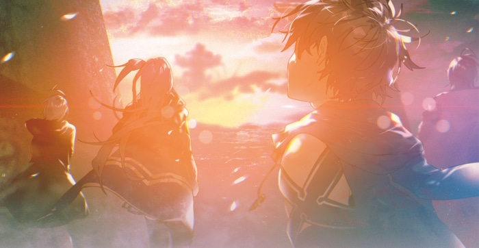 Haruhiro and companions watching the sunset in Grimgar of Fantasy and Ash