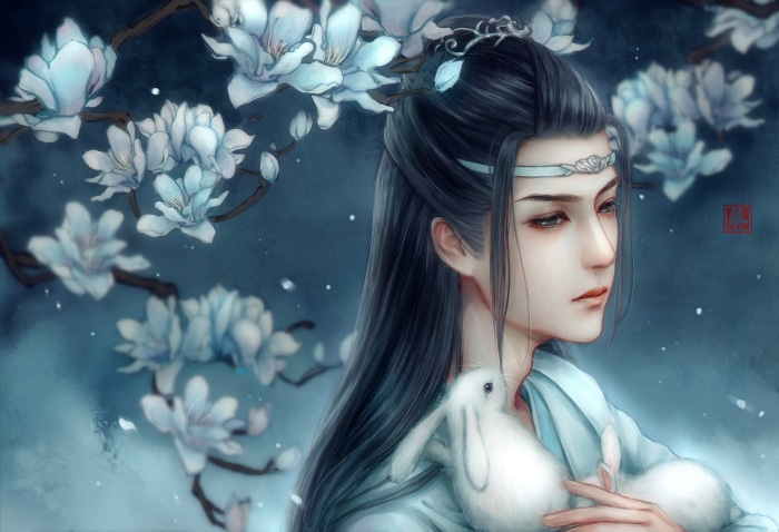 Lan Wangji from The Untamed holding rabbits
