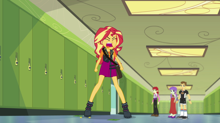 Sunset Shimmer yelling in a school hallway
