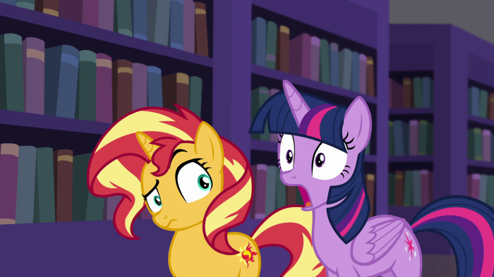 Twilight Sparkle and Sunset Shimmer in a library