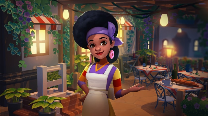 Woman in apron at outdoor cafe