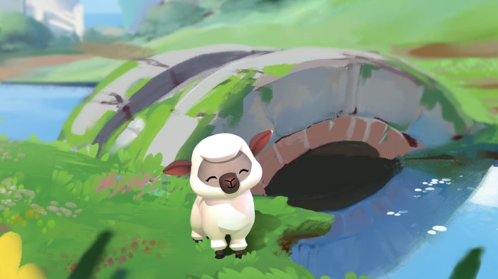 A cute sheep in a meadow with a bridge