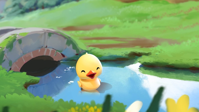 A cute duckling in a pond near a bridge