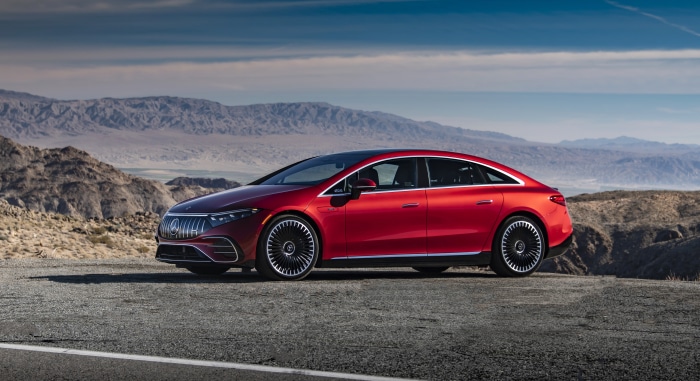 Red Mercedes-AMG EQS 53 4MATIC Electric Car in Desert Landscape