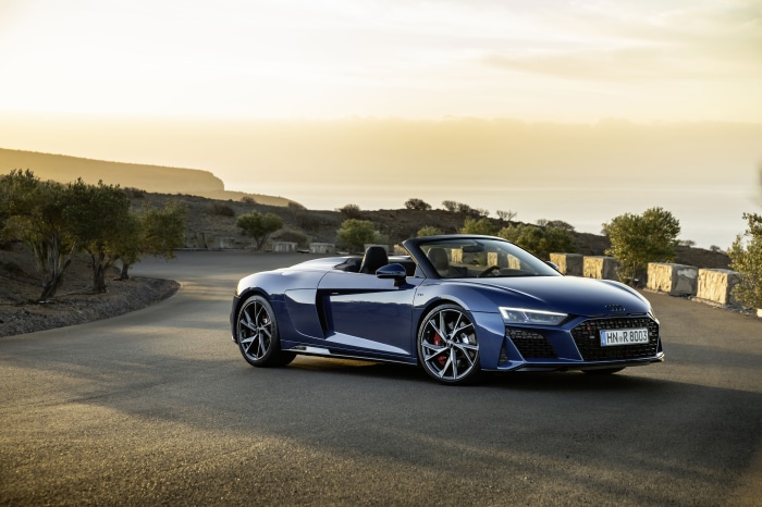 Blue Audi R8 V10 Cabriolet on a Road