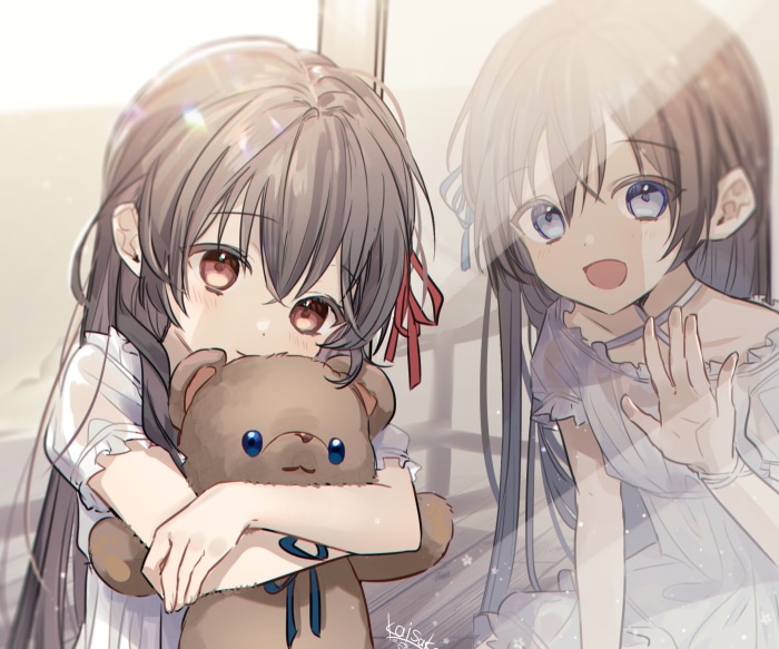 Two girls with a teddy bear