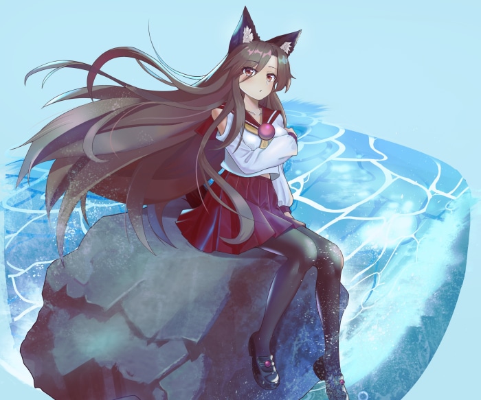 Kagerou Imaizumi from Touhou sitting on a rock by the water