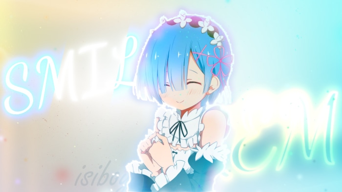 Rem from Re:ZERO smiling with text
