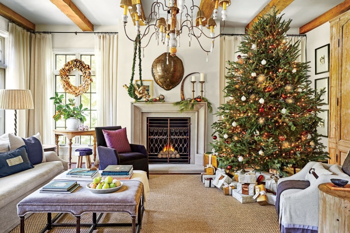 Christmas Living Room with Fireplace and Tree