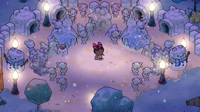 Cozy Grove character in a snowy village with snowmen and igloos