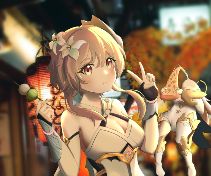 Lumine and Paimon from Genshin Impact eating snacks