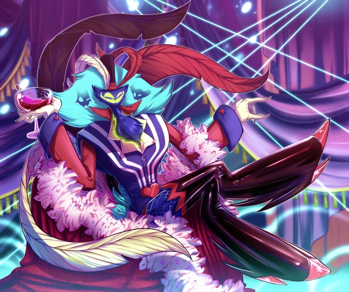 Asmodeus from Helluva Boss holding a glass
