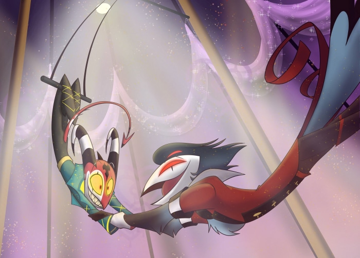 Stolas and Blitzo from Helluva Boss on a trapeze