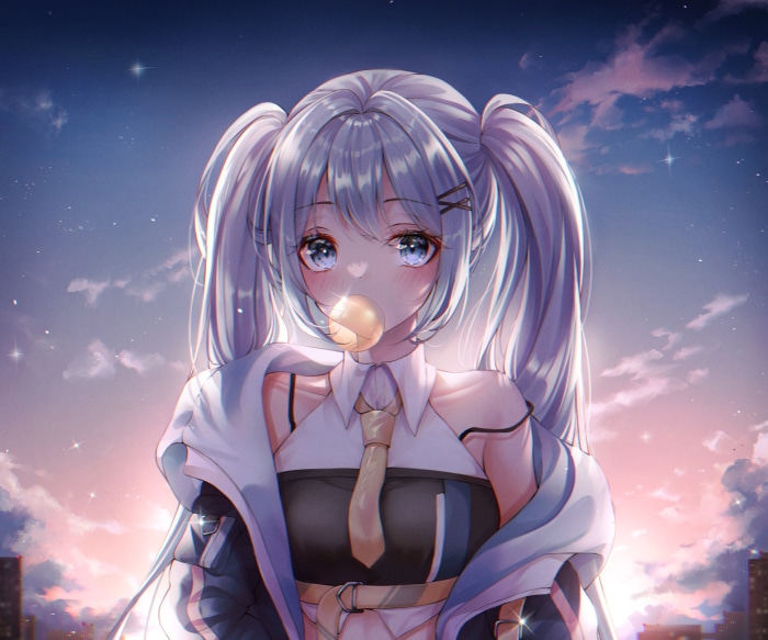Hatsune Miku blowing bubble gum