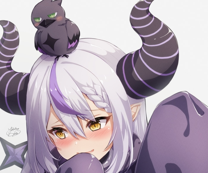 La+ Darknesss from Hololive with a bird on her head