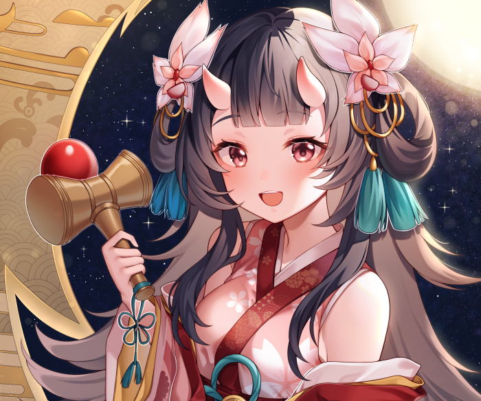 Anime girl with horns holding a mallet