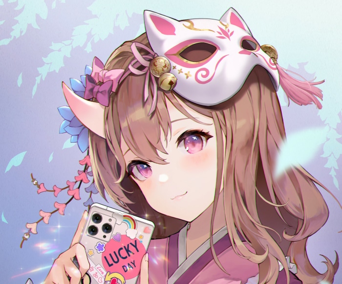 Girl with Kitsune Mask Holding Phone