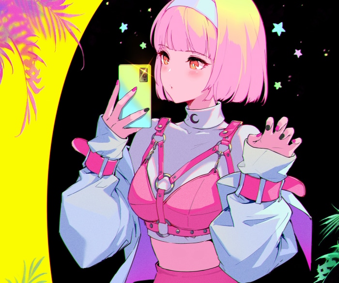 Girl with pink hair taking a selfie