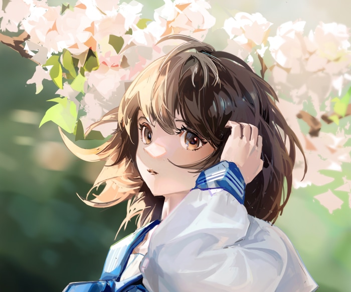 Anime girl with brown hair and cherry blossoms