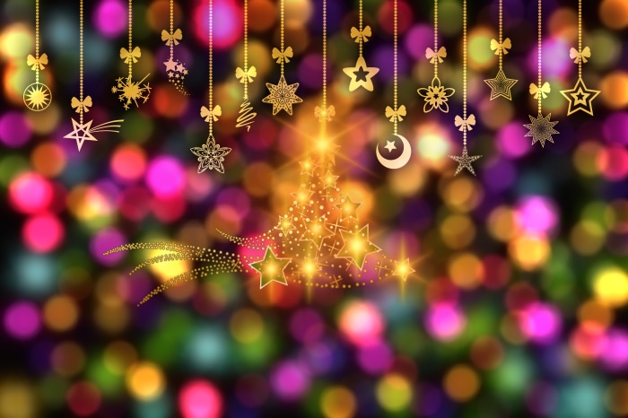 Christmas Tree and Ornaments with Bokeh Lights