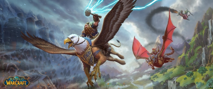 Dwarf riding a griffin in World of Warcraft