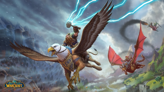 Dwarf riding a griffin in World of Warcraft 4K