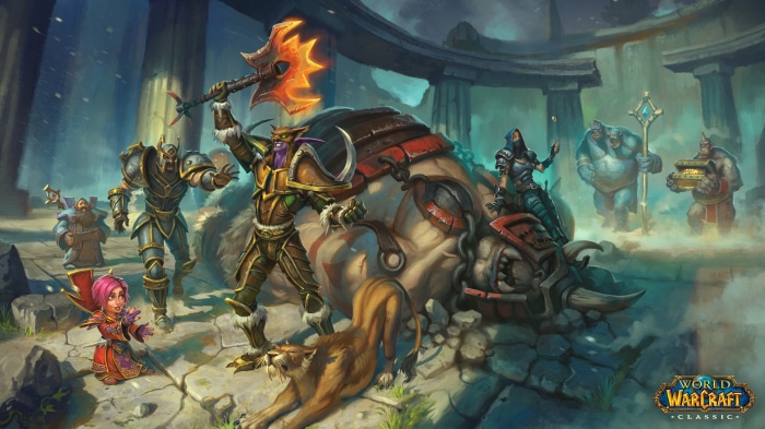 World of Warcraft Classic characters and a defeated ogre