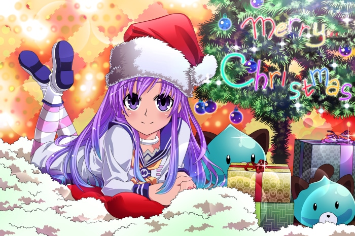 Anime girl with Santa hat and Christmas tree