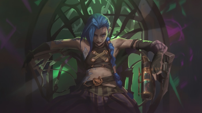 Jinx from Arcane sitting on a throne