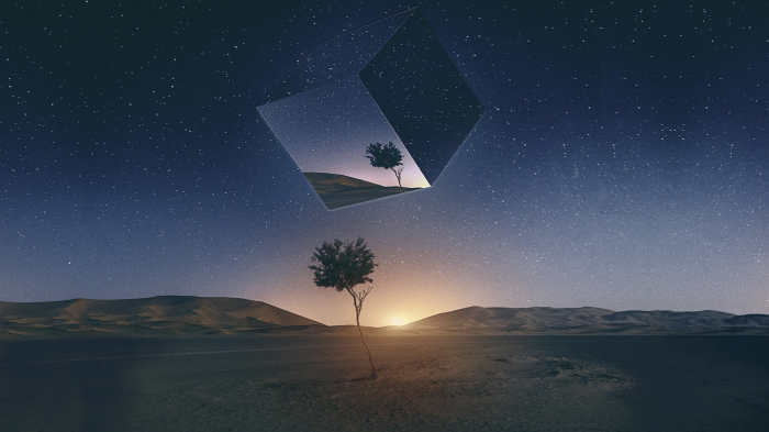 A surreal desert landscape with a mirrored cube reflecting a tree and hills under a starry sky.