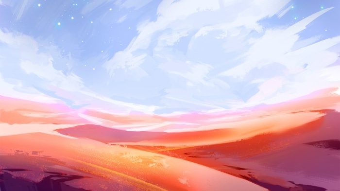 Digital painting of a desert landscape at sunset