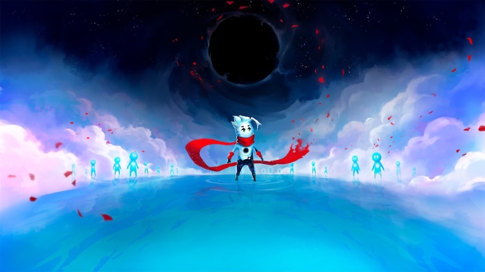 Character with red scarf in front of black hole