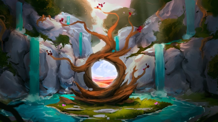 Fantasy portal tree with waterfalls